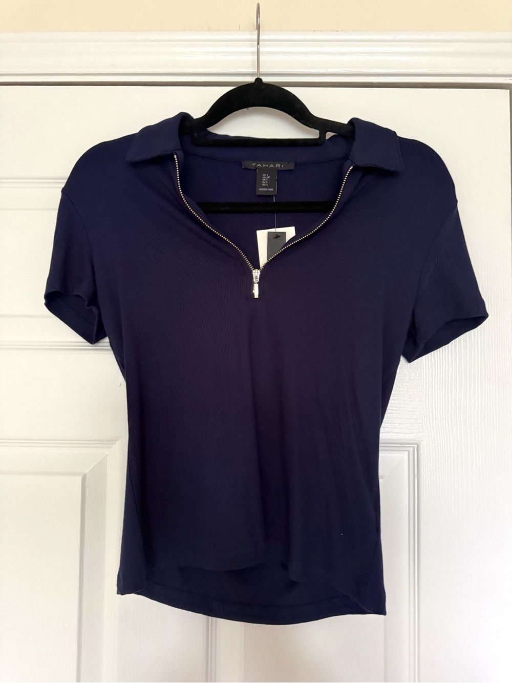 Tahari Navy Short-Sleeve Zip Polo Top